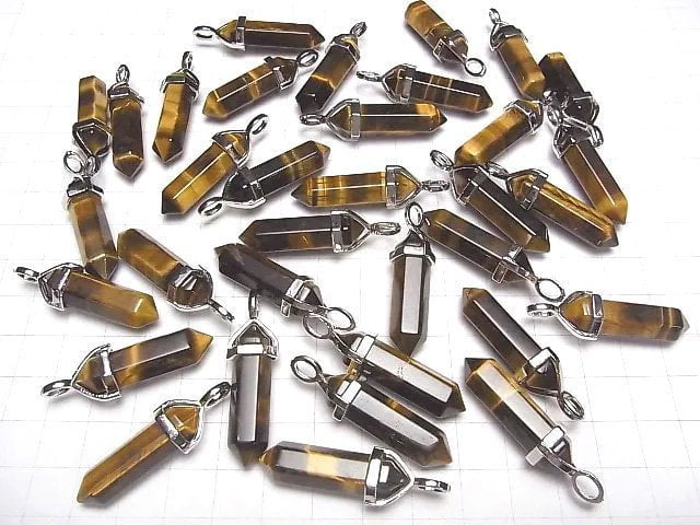 Gelber Tigerauge AAA- Doppelspitzen-Anhänger 32x8x8mm in Silberfarbe 3 Stück