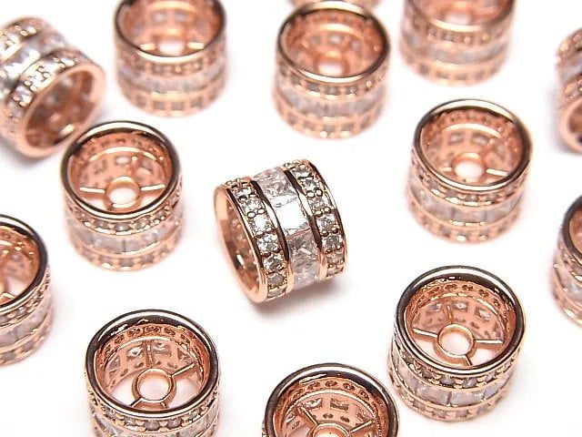 Metal parts Rondelle 10x10x7.5mm Pink gold color (with CZ) 2pcs