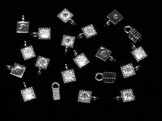 Metal Square Charms, 8x5mm, Silver (with CZ), 3pcs