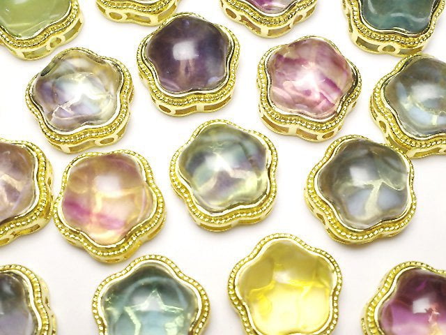 Multicolor Fluorite AAA- Bezel Setting Flower Motif Through Type 16mm 3pcs