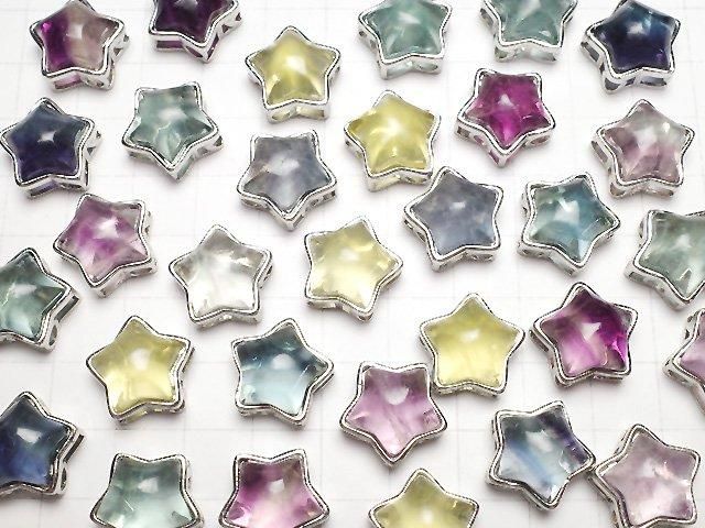 Multicolor Fluorit AAA- Zargenfassung Sternmotiv Durchgangsform silberfarben 15mm 3 Stück