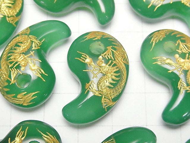 Gold! Carved Dragon (Four Divine Beasts)! Green Onyx Comma Shaped Bead 30x19x9mm 1pc
