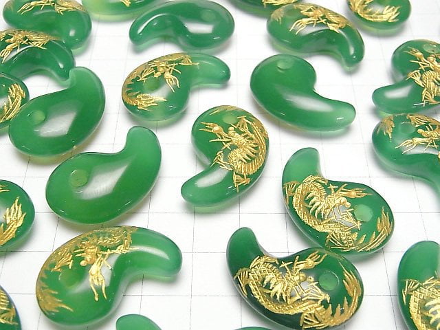 Gold! Geschnitzter Drache (Vier Göttliche Tiere)! Grüner Onyx Komma-förmige Perle 30x19x9mm 1Stück