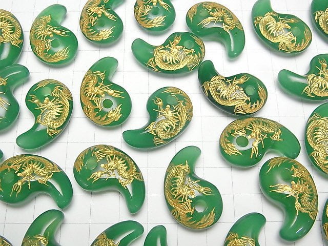 Gold! Geschnitzter Drache (Vier Göttliche Tiere)! Grüner Onyx Komma-förmige Perle 30x19x9mm 1Stück