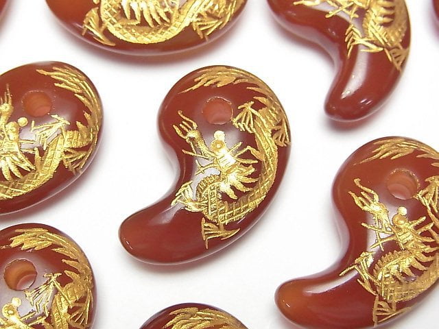 Gold! Dragon (Four Divine Beasts) Carved! Red Agate Comma Shaped Bead 30x19x9mm 1pc