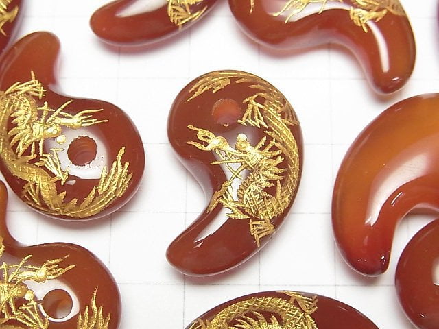 Gold! Dragon (Four Divine Beasts) Carved! Red Agate Comma Shaped Bead 30x19x9mm 1pc
