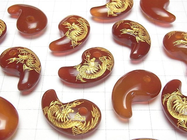 Gold! Drache (Vier Göttliche Tiere) geschnitzt! Roter Achat Komma-förmige Perle 30x19x9mm 1Stück