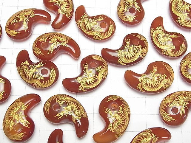 Gold! Drache (Vier Göttliche Tiere) geschnitzt! Roter Achat Komma-förmige Perle 30x19x9mm 1Stück