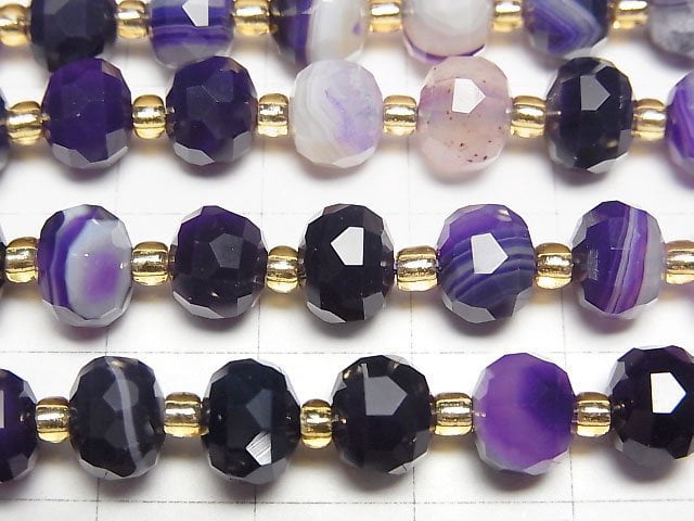 高品質!紫色條紋瑪瑙刻面鈕扣扁圓珠 8x8x6mm 1串珠子 (約15英吋/37公分)
