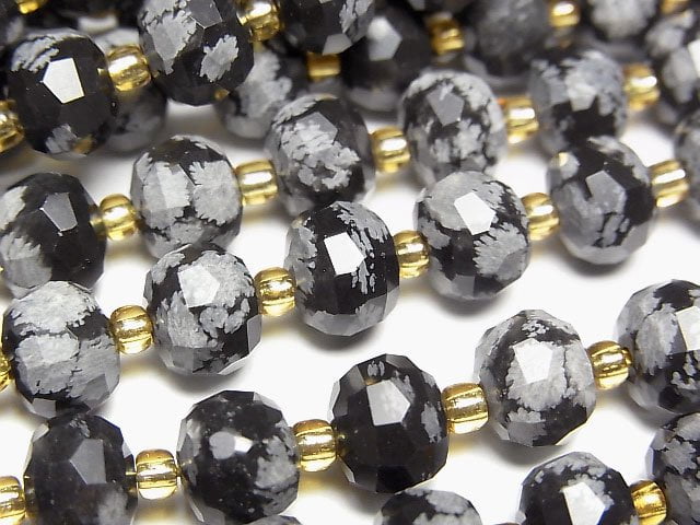 高品質!雪花黑曜石刻面鈕扣扁圓珠 8x8x6mm 1串珠子 (約15英寸/37厘米)