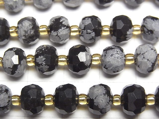 高品質!雪花黑曜石刻面鈕扣扁圓珠 8x8x6mm 1串珠子 (約15英寸/37厘米)