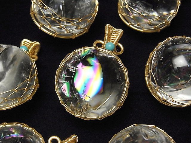 虹膜石英 AA++ 圓形 19mm-22mm 金屬繞線墜飾 2件
