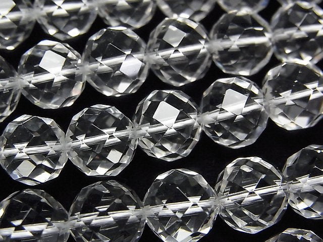 高品質!水晶 (熔煉石英) AAA 64刻面半刻面圓珠 10mm 一串珠子 (約15英吋/36公分)