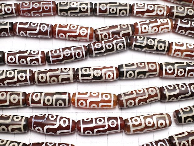dZi Perlen Reis-Röhre 30x10x10mm Rot x Weiß 1strang Perlen (ca. 10 Zoll/26 cm)