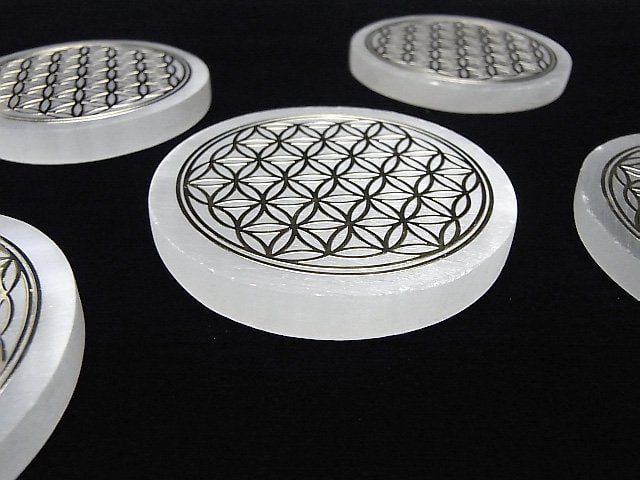 Selenit (Gips) Lebensblume Design Flache Münze 63mm 1 Stück