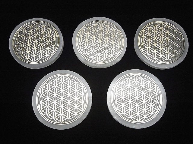 Selenit (Gips) Lebensblume Design Flache Münze 63mm 1 Stück