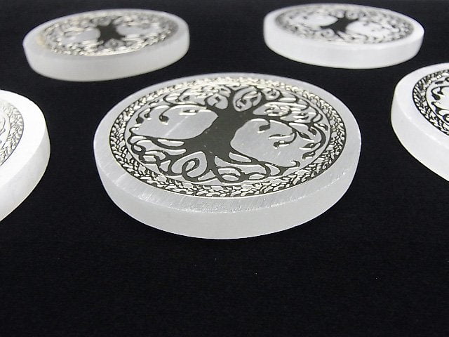 Selenit (Gips) Lebensbaum Design Flache Münze 63mm 1 Stück
