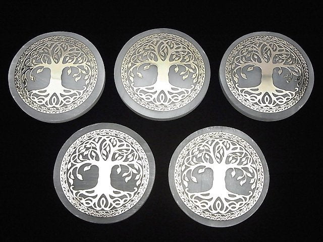 Selenit (Gips) Lebensbaum Design Flache Münze 63mm 1 Stück