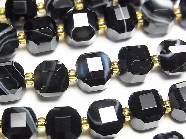 高品質!條紋瑪瑙立方體形狀 8x8x8mm 1串珠子 (約15英吋/36公分)