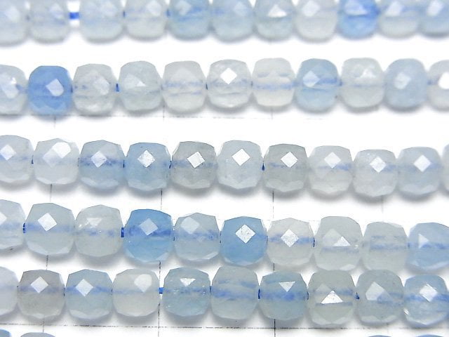 高品質!海水藍寶AA++ 立方體形狀 4x4x4mm 1串珠子 (約15英吋/36公分)