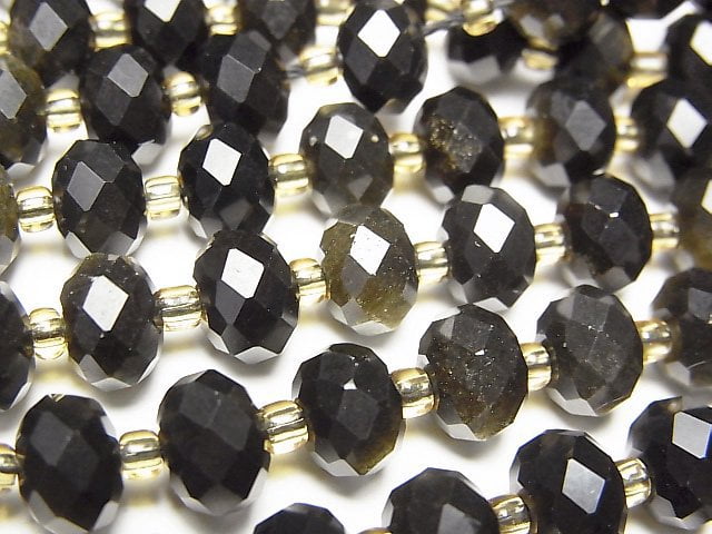 高品質!金色黑曜石 AAA 切面刻面鈕扣圓珠 8x8x5mm 1串珠子 (約14英吋/35公分)