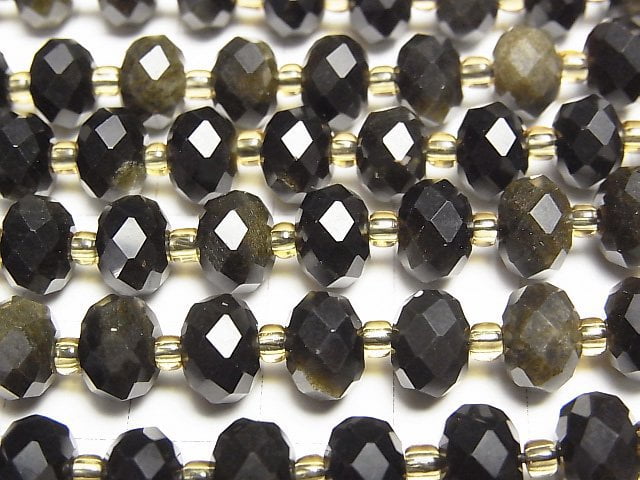 高品質!金色黑曜石 AAA 切面刻面鈕扣圓珠 8x8x5mm 1串珠子 (約14英吋/35公分)