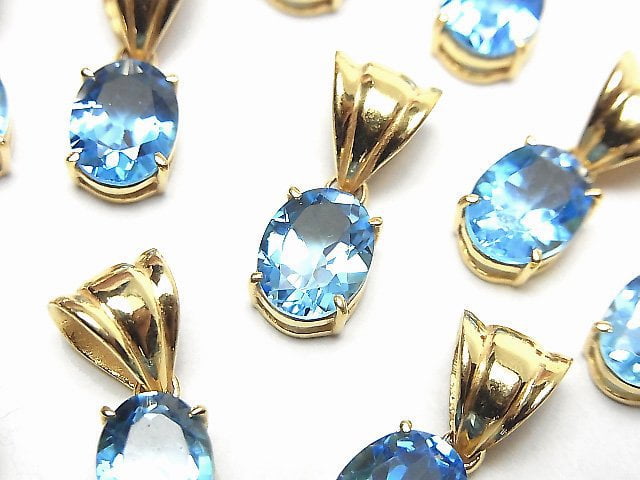 High Quality Swiss Blue Topaz AAA Oval Faceted Pendant 9x7mm 18KGP 1pc