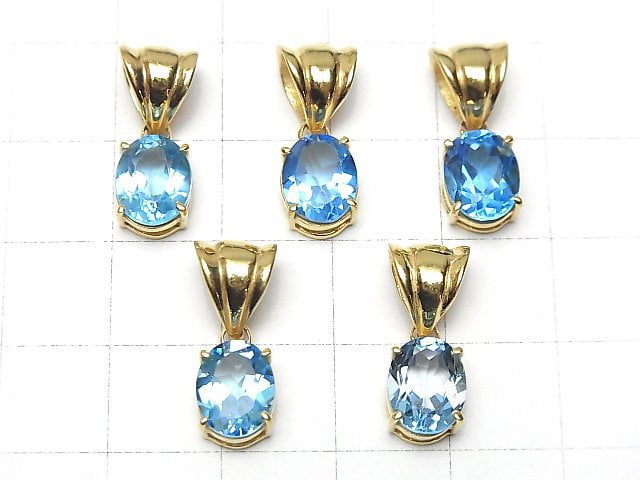 Hochwertiger Schweizer Blauer Topas AAA Oval Facettiert Anhänger 9x7mm 18KGP 1Stück