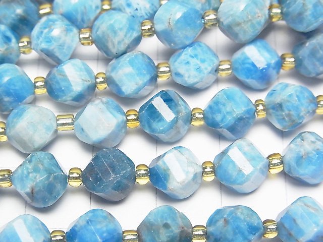 高品質!馬達加斯加藍磷灰石 AA 扭紋 x 多面切割 8x7x7mm 半串或一串珠子 (約14英吋/35公分)