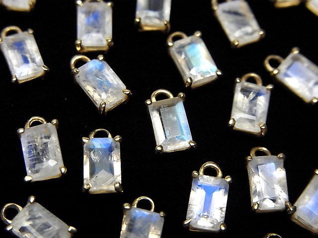高品質彩虹月光石 AA++ 2顆長方形刻面 6x4mm 18KGP 包鑲