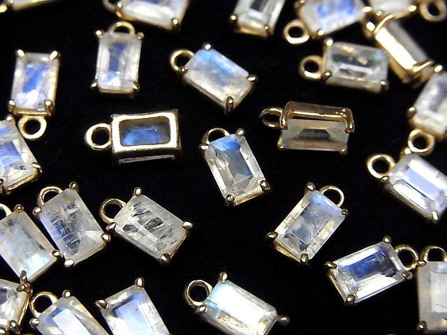 Hochwertiger Regenbogenmondstein AA++ Zargenfassung Rechteck Facettiert 6x4mm 18KGP 2 Stück