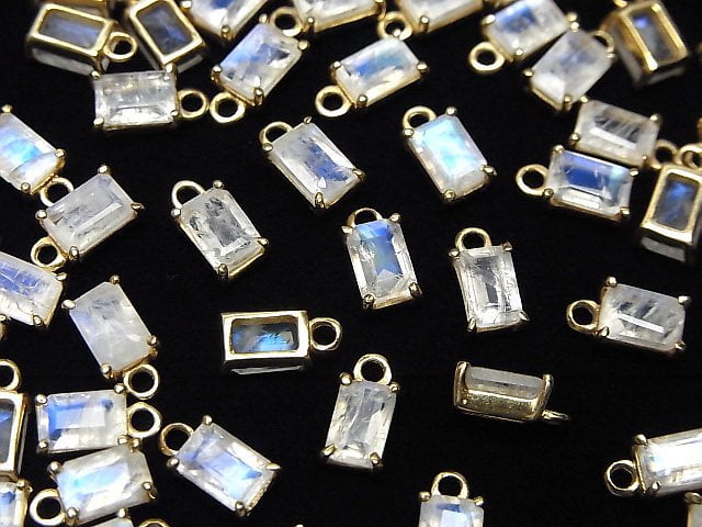 Hochwertiger Regenbogenmondstein AA++ Zargenfassung Rechteck Facettiert 6x4mm 18KGP 2 Stück