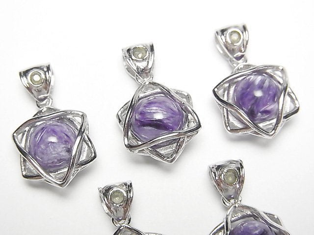 Charoite AAA- 8mm Ball Star Shape Moldavite Pendant Silver925 1pc