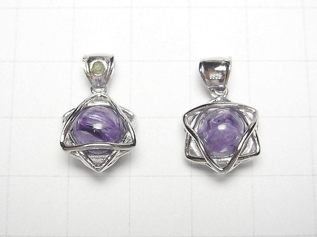 Charoite AAA- 8mm Ball Star Shape Moldavite Pendant Silver925 1pc