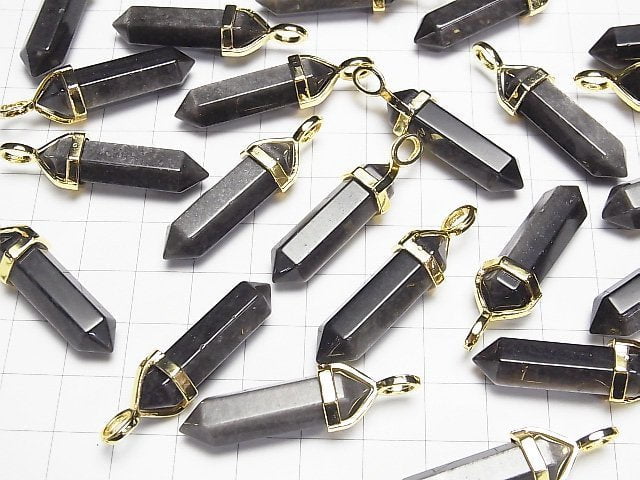 Silver Obsidian AAA Double Point Pendant 32x8x8mm Gold color 3pcs