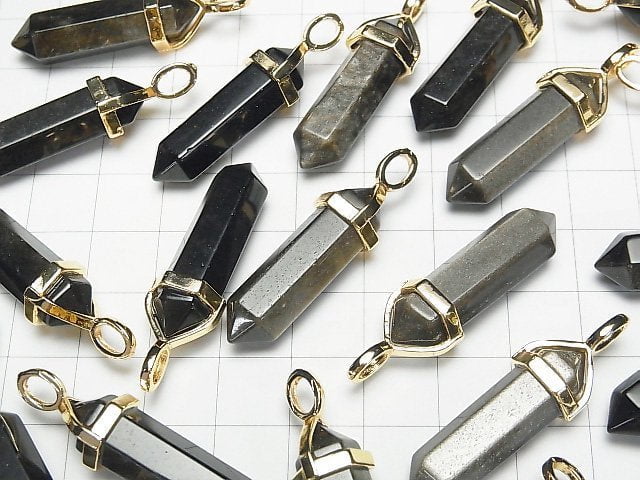Golden Obsidian AAA Double Point Pendant 32x8x8mm Gold color 3pcs
