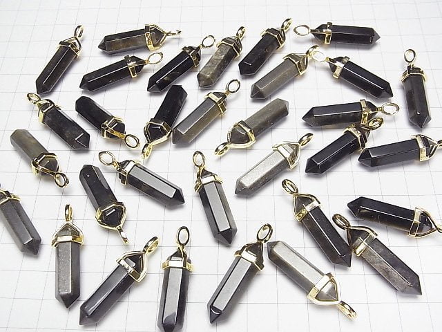 Golden Obsidian AAA Double Point Pendant 32x8x8mm Gold color 3pcs