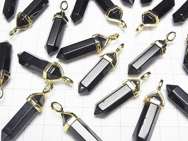 Black Obsidian AAA Double Point Pendant 32x8x8mm Gold color 3pcs