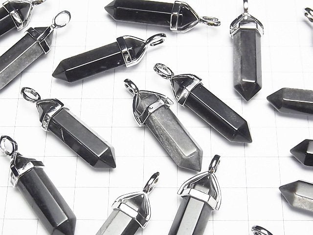 Silver Obsidian AAA Double Point Pendant 32x8x8mm Silver color 3pcs