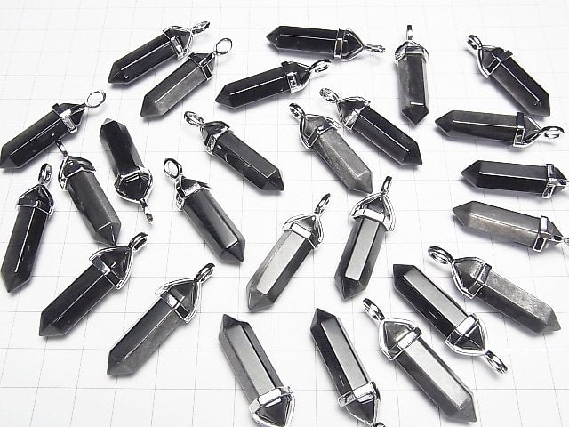 Silver Obsidian AAA Double Point Pendant 32x8x8mm Silver color 3pcs