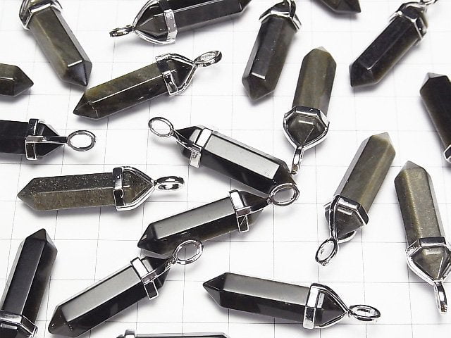 Golden Obsidian AAA Double Point Pendant 32x8x8mm Silver color 3pcs