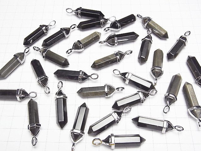 Golden Obsidian AAA Double Point Pendant 32x8x8mm Silver color 3pcs