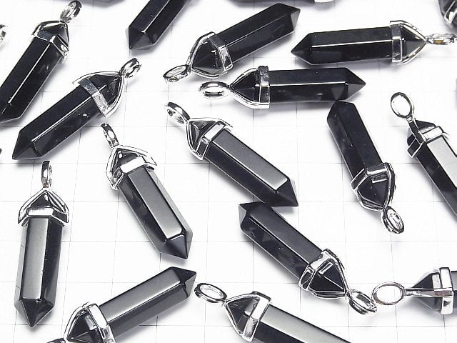 Black Obsidian AAA Double Point Pendant 32x8x8mm Silver color 3pcs