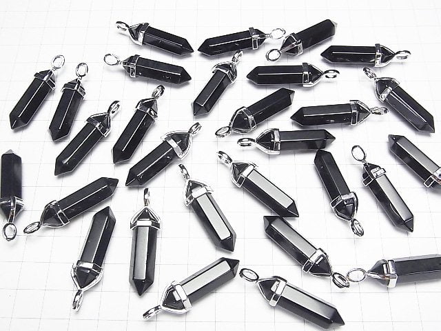 Black Obsidian AAA Double Point Pendant 32x8x8mm Silver color 3pcs