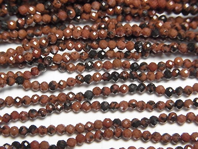 高品質!桃花心木黑曜石刻面圓珠 2mm 1串珠 (約15英吋/38公分)