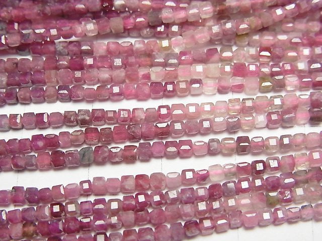 高品質!粉紅色電氣石 AA+ 立方體形狀 2x2x2mm 1 串珠(約 15 英寸/37 厘米)
