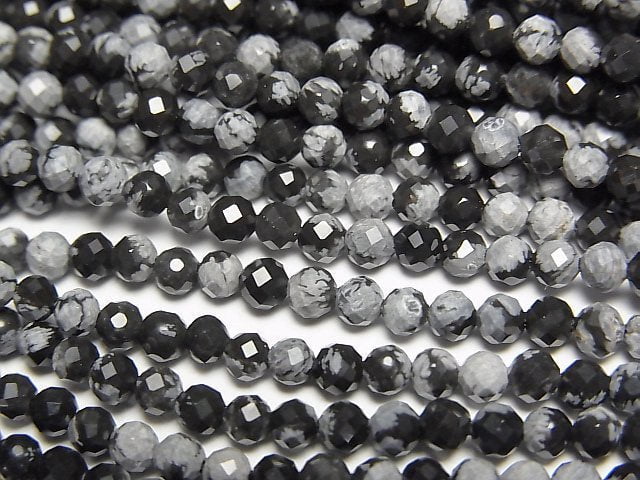 高品質!雪花黑曜石刻面圓珠 3mm 1串珠子 (約15英吋/38公分)