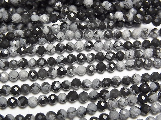 高品質!雪花黑曜石刻面圓珠 3mm 1串珠子 (約15英吋/38公分)