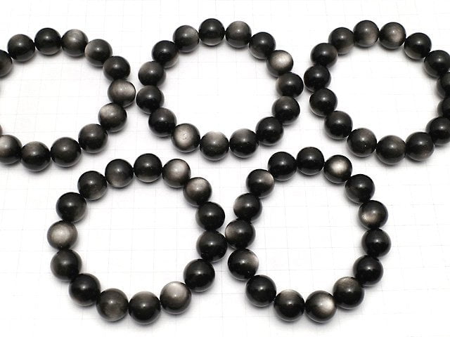 Silberner Obsidian AAA rund 14mm Armband