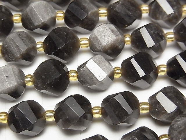 高品質!銀曜石 AAA 扭紋 x 多切面 10x8x8毫米 1串珠子 (約15英吋/36公分)